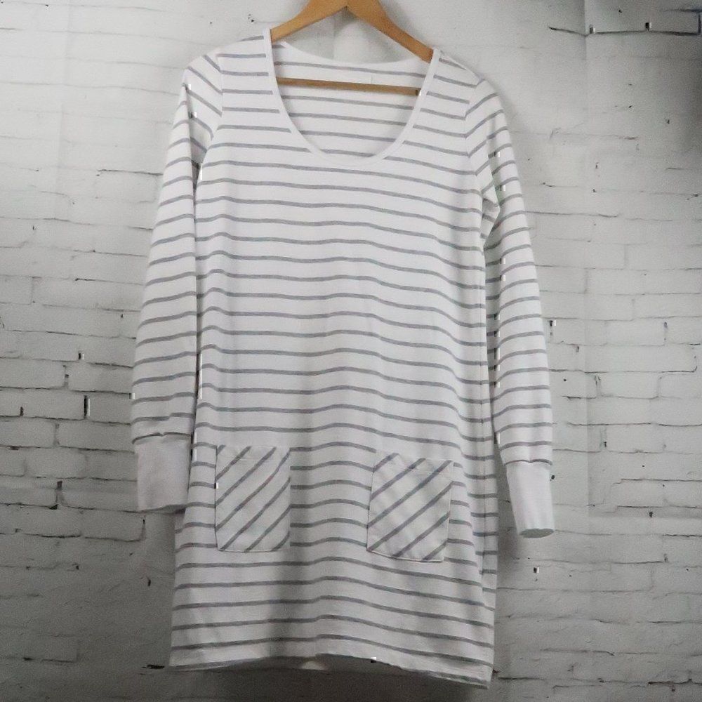 MARKET WHITE WITH GREY STRIPE ROUND NECK LONG SLEEVE CASUAL MIDI DRESS